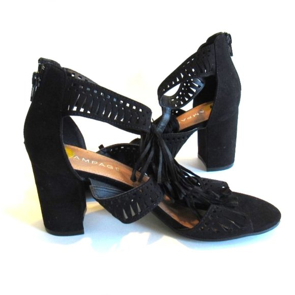 Tasseled Fuax Sued Pump Open Toe Black Zipped Women's Sz 8M - Picture 1 of 9